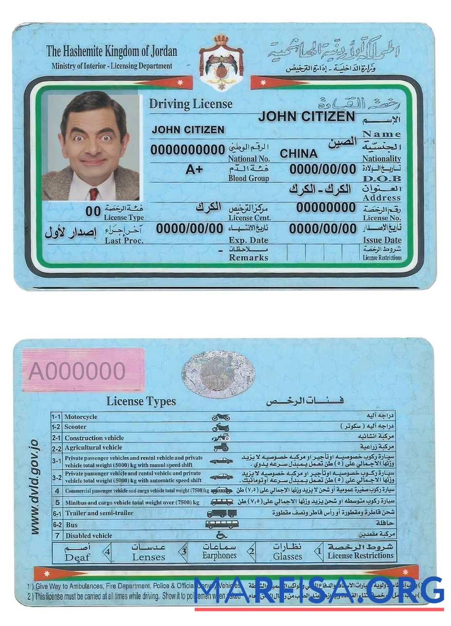 Printable Jordan driving license template